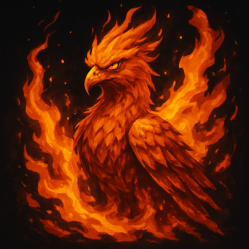 Fénix envuelto en llamas mirando al frente, algo realista, pero no poner un pájaro rojo cualquiera.
In-Game asset.  2d.  High contrast.  No shadows