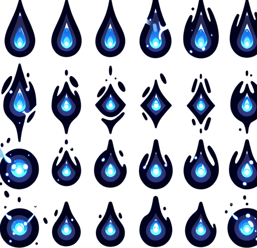 A sprite sheet of energy projectiles. Dark blue projectiles tear shaped with light blue energy core.
Single Game Texture. In-Game asset. 2d. Blank background. High contrast. No shadows.