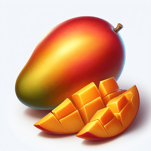 A mango and a few slices  of mango.
Single Game Texture. In-Game asset. 2d. Blank background. High contrast. No shadows.