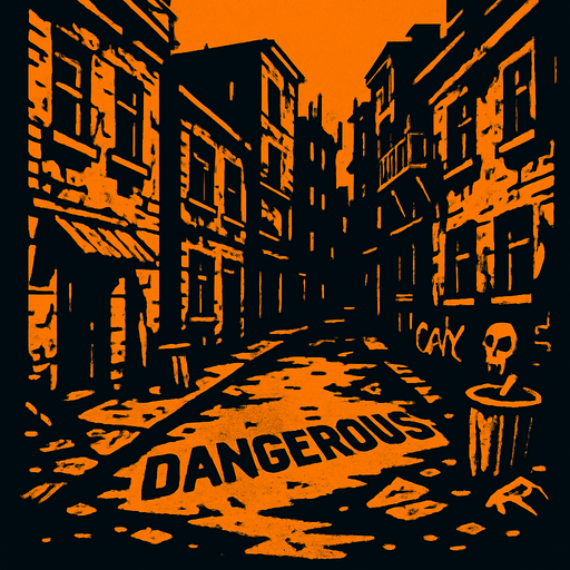 una calle de una ciudad peligrosa con edificios viejos en la parte de arriba.
In-Game asset.  2d.  High contrast.  No shadows