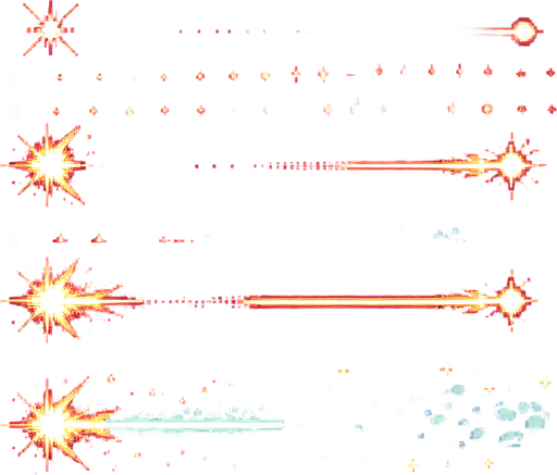 Create a series of pixel art images depicting a blaster shot. The blaster shot should be represented by a small, glowing projectile with a trail of smoke or sparks. The animation should consist of eight frames and loop continuously. Use a limited color palette of 16 colors or less, simple shapes and lines, and transparency for a seamless background. Employ standard pixel art techniques like dithering and anti-aliasing.
Bright flash, sizzling sound, swift arc, fading glow.