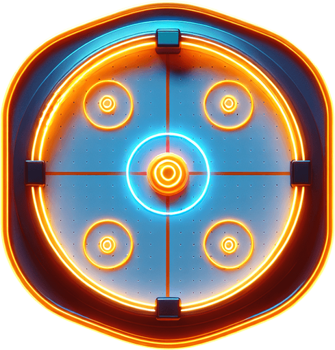 Air hockey disk with neon orange lights. top view.
Single Game Texture. In-Game asset. 2d. Blank background. High contrast. No shadows.