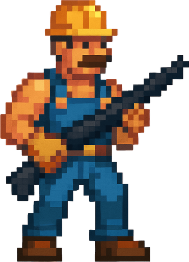 un hombre obrero hecho con pixeles de cuerpo completo sosteniendo un arma