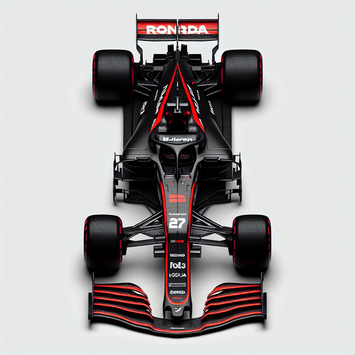 Black McLaren MP4-29 F1 RACE CAR with red lines and white,,RONDA"text. TOP VIEW..
Single Game Texture. In-Game asset. 2d. Blank background. High contrast. No shadows.