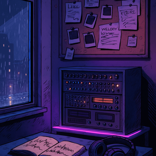 A 2048x2732 vertical background illustration in a semi-realistic comic book style. The scene shows a quiet corner of the same small urban apartment, viewed from a different angle than the main menu. This part of the room features a vintage sound mixing rack, ambient LED lights softly glowing in purple and blue tones, and a corkboard on the wall filled with pinned notes, small polaroid photos, and scribbled music ideas. An open sketchbook with waveform doodles lies on a side table, and worn-out headphones rest beside it. A faint rain still falls outside the partially visible window, casting reflections on the floor. The overall mood remains lo-fi, introspective, and musically charged. No characters, no text — just a lived-in, creative space for the settings menu backdrop..
In-Game asset.  2d.  High contrast.  No shadows