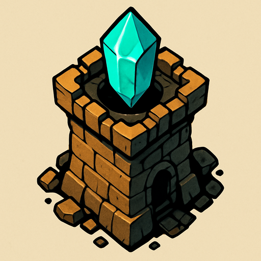torre con cristal encima desde arriba.
In-Game asset.  2d.  High contrast.  No shadows