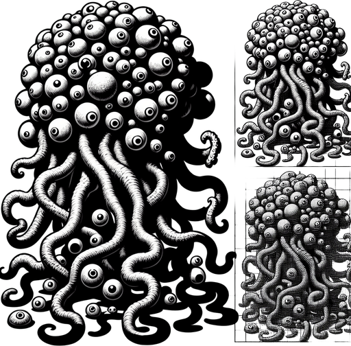 Lovecraftian monster, eyeballs, tentacles, floating
Single Game Texture. In-Game asset. 2d. Blank background. High contrast. No shadows.