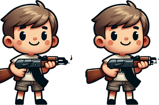 A cute boy with am 47 in hand.
Single Game Texture. In-Game asset. 2d. Blank background. High contrast. No shadows.