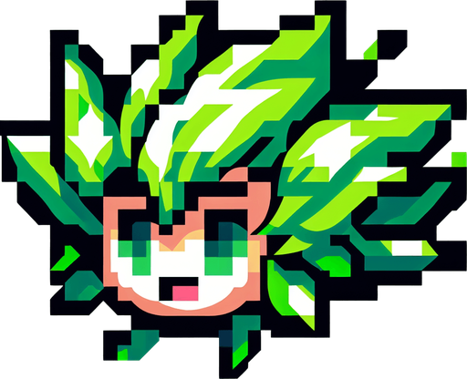 8 bit image anime green leaf.
Single Game Texture.  In-Game asset.  2d.  Blank background.  High contrast.  No shadows