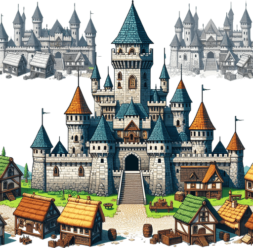 An animated image a medieval city with a castle.
Single Game Texture. In-Game asset. 2d. Blank background. High contrast. No shadows.