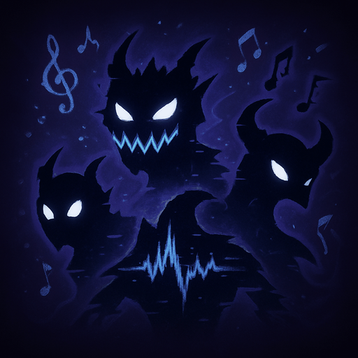Design an icon for a button labeled "Enemies" in a fantasy tower defense game set in a haunted concert hall. The icon should represent the chaotic and musical nature of the enemies.

Show a cluster of stylized enemy silhouettes made of shadow, glitchy waveforms, or cracked musical notes. They should look menacing but stylized, like abstract creatures of sound and dissonance.

Use a dark, slightly glowing background (deep purple, blue, or smoky black) with subtle magical accents—floating broken clefs, static, or distortion.

Icon must be square (256×256 px), clean, and readable at small sizes.
Avoid text—use only imagery.
Style: semi-flat or digitally painted fantasy UI, consistent with an elegant but eerie orchestral theme..
In-Game asset.  2d.  High contrast.  No shadows