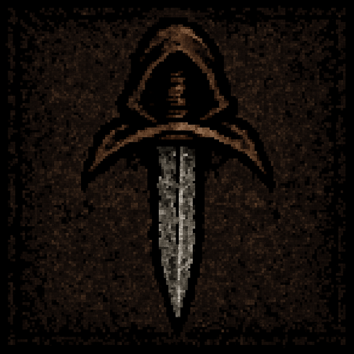 Suikastçı bıçağı logosu Dark souls style 2d pixel art.
In-Game asset.  2d.  High contrast.  No shadows