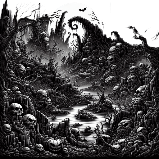 Generate a high quality cartoon background Halloween image on a black canvas similar to the format of where is waldo with a hellish environment.
Single Game Texture. In-Game asset. 2d. Blank background. High contrast. No shadows.