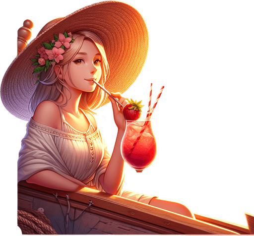 An idyllic llustration of a beach cove where a blond girl in a straw hat is enjoying an large strawberry drink on the deck of her sailing boat as the sun sets. Clean game illustration style..
Single Game Texture. In-Game asset. 2d. Blank background. High contrast. No shadows.