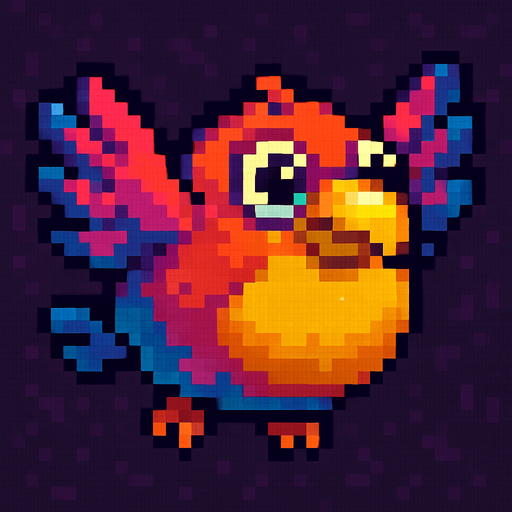 Big fat flaying bird ( Piksel art). Cute. Colorful 
In-Game asset.  2d.  High contrast.