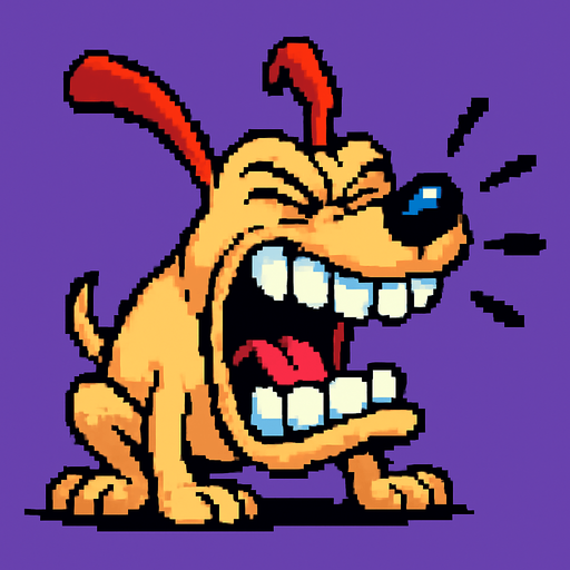 Un perro bobo ladrando con los ojos cerrados  pixel art dientes grandes, estilo earthworm jim.
In-Game asset.  2d.  High contrast.  No shadows