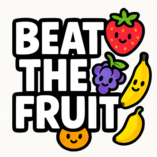 "Beat the Fruit" titulo para el juego, muestra las letras en grande blancas con un borde negro y sin fondo, con algunas frutitas felices junto a las letras.
In-Game asset.  2d.  High contrast.  No shadows