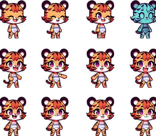 A spritesheet with a number of poses of an happy little tigergirl in a swimsuit, smiling, walking, waiting, standing, ordering, turning, etc. all seen from the side.The spritesheet should be laid out in a rectangular grid with clear space between each individual sprite. Each sprite in the sheet should be around 300x600 pixels in size.
Single Game Texture. In-Game asset. 2d. Blank background. High contrast. No shadows.