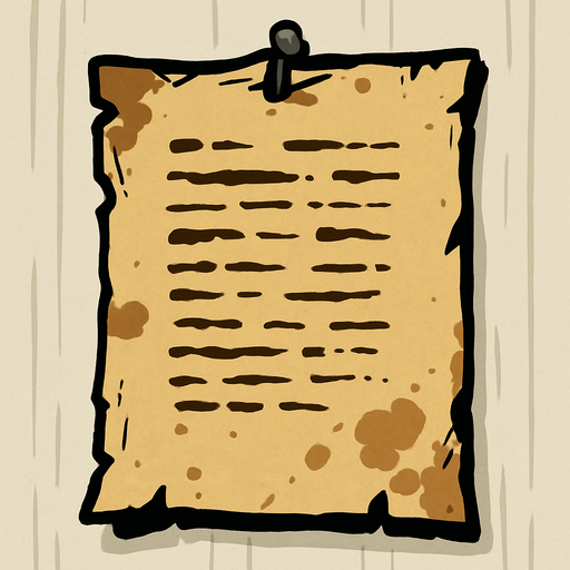 çivi ile duvara asılı hafif yıpranmış parşomen.
In-Game asset.  2d.  High contrast.  No shadows