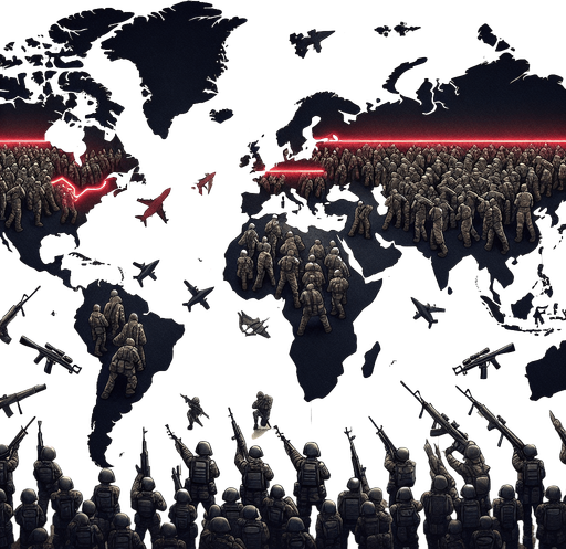 A map of a fictional world, divided in the middle by a red dashed line, which is a country border. On each side of the border, a modern army is marched up and pointing weapons at the other side. Style should be detailed illustration..
Single Game Texture. In-Game asset. 2d. Blank background. High contrast.