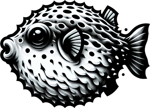 A realistic pufferfish swiming to the right.
Single Game Texture. In-Game asset. 2d. Blank background. High contrast. No shadows.