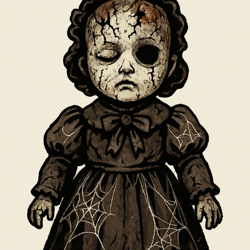 one scary porcelain doll. It is clear from the whiteness of his skin that he has been standing there for years, one eye is completely closed and one eye is open but he has no eyes (jet black). She has suffered blows for years, fractures and burns on her head, and her beautiful dress is covered with cobwebs..
In-Game asset.  2d.  High contrast.  No shadows