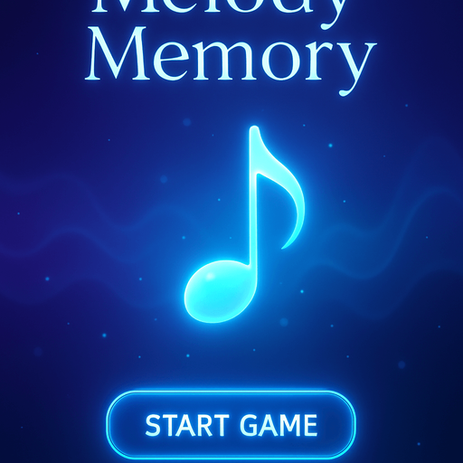 A vertical 9:16 mobile game start screen for a music-themed game called "Melody Memory". A glowing blue melody symbol floats in the center, with dreamy blue and purple gradient background. Soft abstract sound waves and light particles surround the symbol. At the top, stylish title text "Melody Memory" in elegant font. In the center, a prominent "Start Game" button with a glowing, rounded design. At the bottom, soft hint text saying "Tap to Start". Futuristic, minimalistic, high contrast, cinematic lighting, 4K, high quality, mobile UI friendly..
In-Game asset.  2d.  High contrast.  No shadows