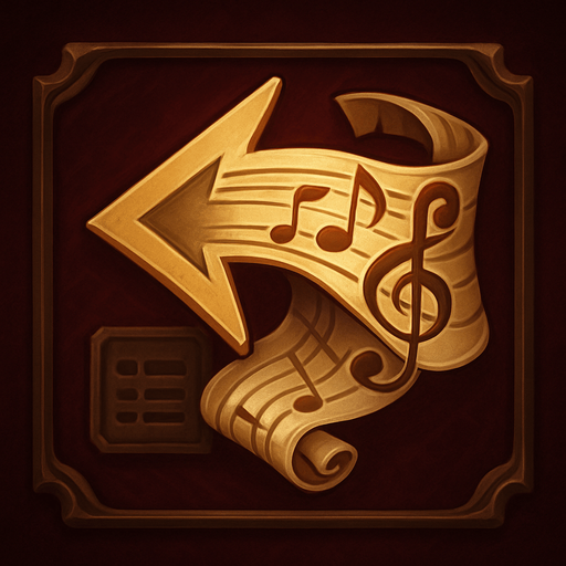 Design a button icon for "Back to Menu" in a fantasy tower defense game set in a haunted, musical concert hall.

The button should feature a stylized arrow pointing left, wrapped in or formed by musical elements such as a ribbon of notes, a bass clef, or a scroll with a staff line.

The background should be elegant and soft: deep velvet red or dark wood with subtle glow.
Optional: add a small menu symbol (like sliders or a parchment icon) subtly integrated behind or beneath the arrow.

Keep the icon square (256×256 px), readable at small sizes, and without text.
Style should match the UI of the game—refined, fantasy-themed, and orchestral in tone..
In-Game asset.  2d.  High contrast.  No shadows