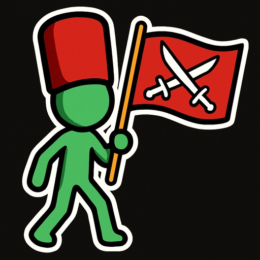Green stickman with a British soldier's hat and with a red flag with 2 swords.
In-Game asset.  2d.  High contrast.  No shadows