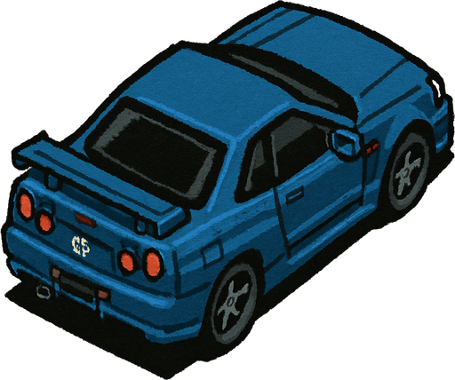 nissan gtr r34, seen from rear right

Top-down, gta2, Single Game Texture. In-Game asset. 2d. Blank background. High contrast. No shadows.isometric