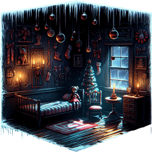 Eerie Christmas-inspired doll room similar to a resident evil room
Single Game Texture. In-Game asset. 2d. Blank background. High contrast. No shadows.