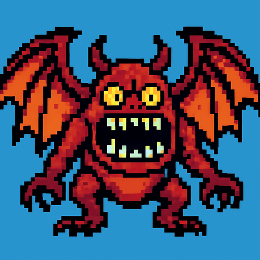un mounstro con alas hecho con pixeles.
In-Game asset.  2d.  High contrast.  No shadows