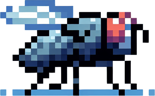 Genera una mosca mirando hacia la iziquierda en pixel art.
Single Game Texture.  In-Game asset.  2d.  Blank background.  High contrast.  No shadows