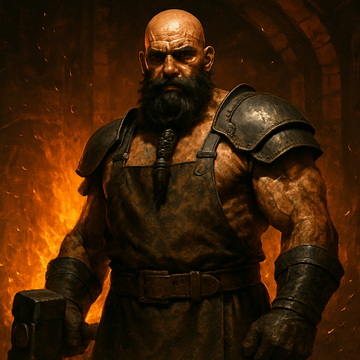 A towering warrior-blacksmith with soot-covered muscles and iron gauntlets, standing before a blazing forge. Male, 47 years old, bald with a thick black beard braided with iron rings, dark brown eyes, and deeply tanned, scarred skin. Wearing a leather apron and iron shoulder guards, wielding a massive smith-hammer. Sparks fly around him. Realistic, highly detailed, fiery forge setting. realistic.
In-Game asset.  2d.  High contrast.  No shadows