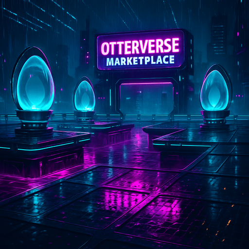 Generate a high-resolution digital scene of a rain-soaked cyberpunk arena for a mobile game. The environment features slick neon-lit platforms suspended over glowing canals, holographic billboards prominently displaying ‘Otterverse Marketplace,’ and floating egg pods encased in translucent glass. Puddles on the metal grating reflect pulsating magenta and cyan lights, while distant skyscrapers tower through misty rain. Add animated sparks, drifting data streams in the sky, and a moody, atmospheric vibe—perfect for a 4K game backdrop without any character or currency visuals..
In-Game asset.  2d.  High contrast.  No shadows