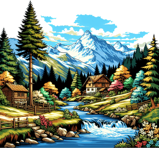 anime image 2d ghibli style. swiss forrest 
mountain and traditional village.
Single Game Texture.  In-Game asset.  2d.  Blank background.  High contrast.  No shadows