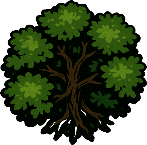 Arbol visto desde arriba algo oscuro.
In-Game asset.  2d.  High contrast.  No shadows