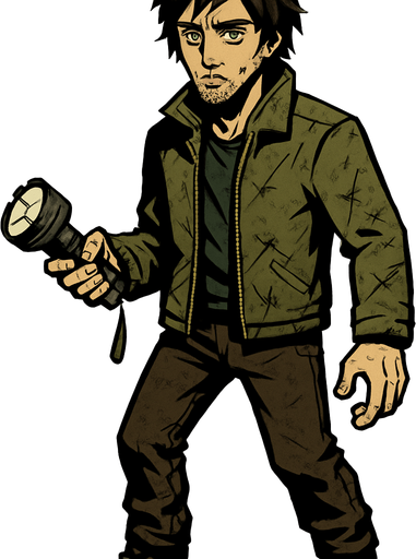 ✅ Hair: Medium-length, slightly unkempt dark hair—indicating survival hardships.
✅ Height: Around 1.75m (5'9"), agile but not overly strong.
✅ Build: Lean, slightly worn-out clothing, showing signs of past struggles.
✅ Eyes: Piercing green or amber eyes, reflecting a determined personality.
✅ Accessories: A damaged jacket with scratches, adding realism to the post-apocalyptic theme.
✅ Hand Item: A broken flashlight – essential for revealing enemies but risky in the dark!
Arin’s design should reflect their survival skills—not looking overly combat-ready but practical for the harsh environment. The flashlight mechanic will play a big role in interacting with the game’s shadow creatures..
In-Game asset.  2d.  High contrast.  No shadows