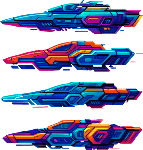 Cyber Ship assets, Cyberpunk, Abstract, Futuer, HD colors, Different colors. Horizontal. seen from a side.
In-Game asset.  2d.  High contrast.  No shadows