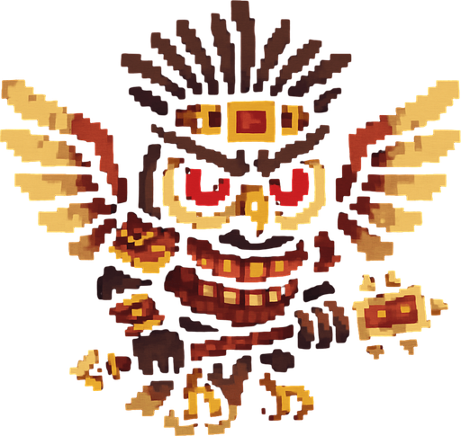 Genérame una Buho de anteojos guerrero azteca con eso patrones, estilo pixelar, con una apariencia maligna, ojos rojos, rabioso. Unidad aerea con alas. Animal.
In-Game asset.  2d.  High contrast.  No shadows