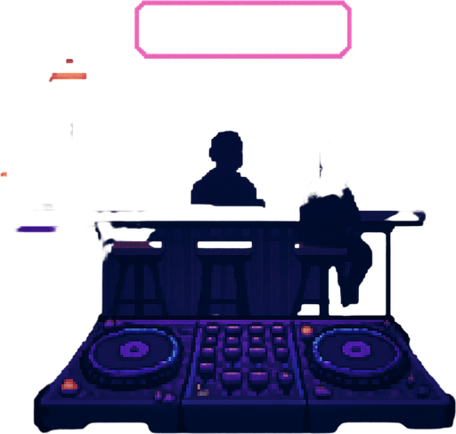 A cozy pixel art bar interior viewed from the DJ's perspective. A dimly lit, moody atmosphere with purple and deep blue neon tones. Visible DJ desk with mixer and speakers in the foreground, blurred bar counter and patrons in the background. Small glowing lights, bottles on shelves, soft lighting, and retro vibes. Resolution: 2048x2732. No characters in front, focus on ambiance and depth..
In-Game asset.  2d.  High contrast.  No shadows