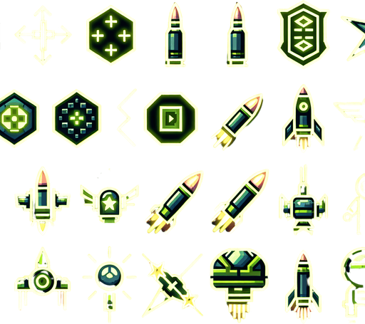 A sprite sheet that has power up icons. Icons include three bullets, a laser beam, a rocket, a drone and a small soldier. Cyberpunk and using neon glow. Green and yellow highlights. 
Single Game Texture. In-Game asset. 2d. Blank background. High contrast. No shadows.