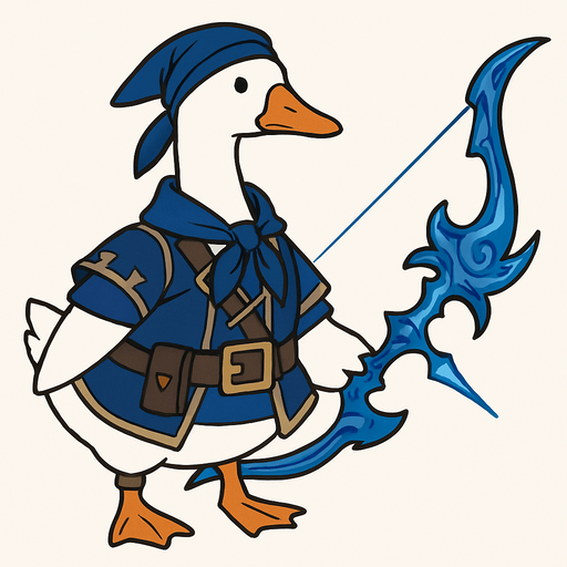 A emden goose in blue treasure hoarders outfit with blue hydro battle bow.
In-Game asset.  2d.  High contrast.  No shadows