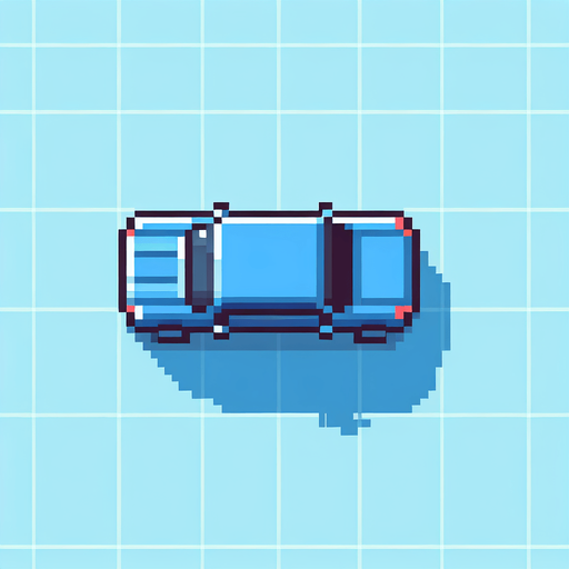 Top-down view of a simple blue car in pixel art style, 64x64 size, designed for an endless driving game, minimal detail, arcade style".
Single Game Texture.  In-Game asset.  2d.  Blank background.  High contrast.  No shadows