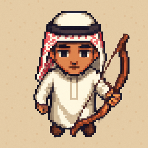 birdview 17 years old arabian boy with traditional outfit. And he is holding a bow. Pixel art png.
In-Game asset.  2d.  High contrast.  No shadows