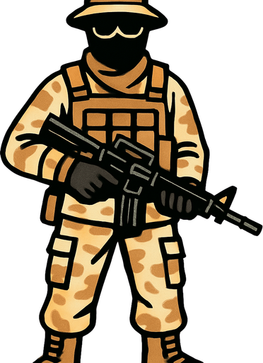 silahlı çöl kıyafeti giyen bir asker.
In-Game asset.  2d.  High contrast.  No shadows