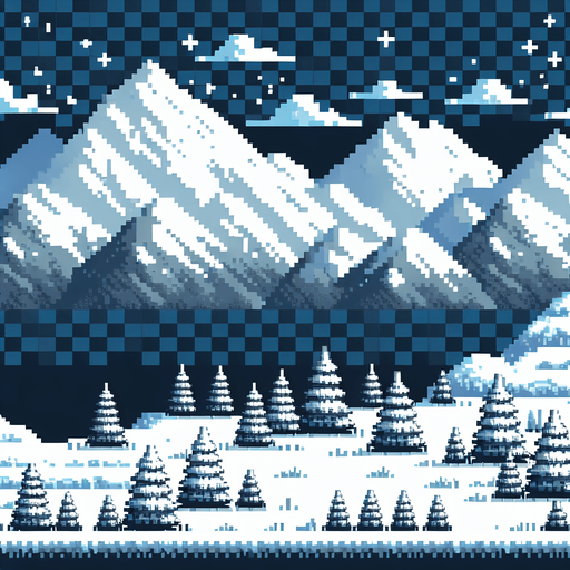 white snowy valley background. Single Game Texture. In-Game asset. 2d. High contrast. No shadows. pixelated. 8 bit