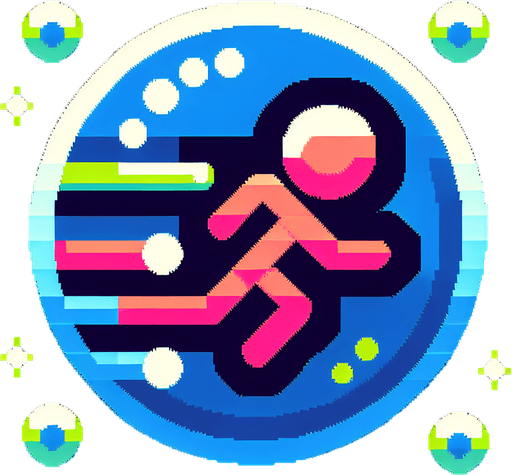 pixel art bubble with a stick figure inside of it that's dashing and add three small lines behind it in neon color..
Single Game Texture. In-Game asset. 2d. Blank background. High contrast. No shadows.