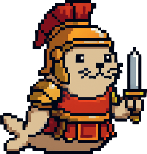 una foca de pixeles con armadura de gladiador.
In-Game asset.  2d.  High contrast.  No shadows