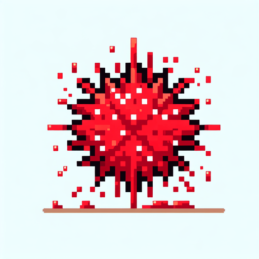 8-bit pixelated radial watermelon red juice explosion splash.
Single Game Texture. In-Game asset. 2d. Blank background. High contrast. No shadows.